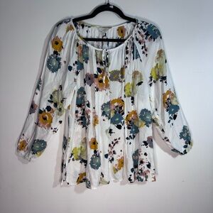 Lucky Brand Floral Peasant Blouse 1X 16 White Boho Viscose Tie Neck Top